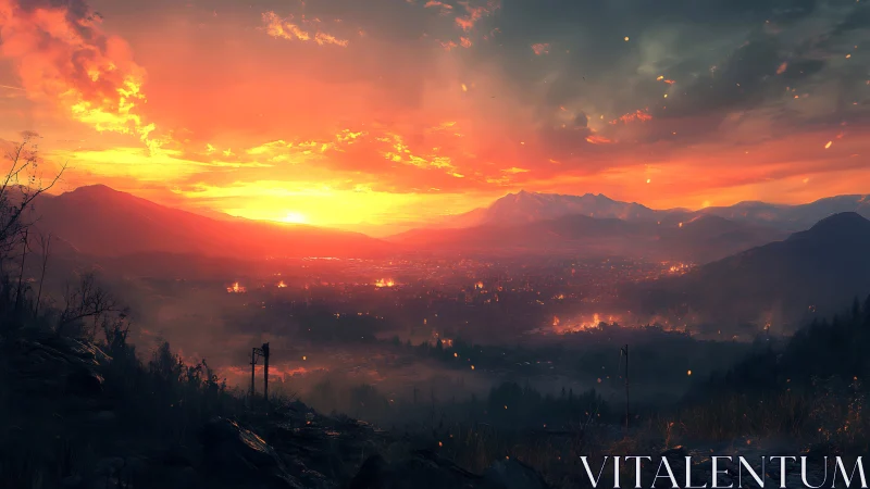 Digital landscape shows valley city under intense sunset sky
