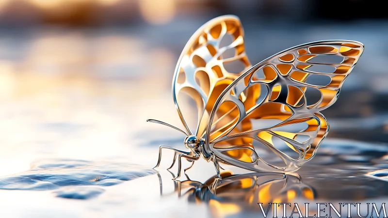 Shimmering metal butterfly rests gently on sunlit water