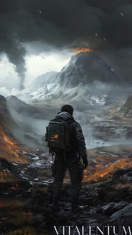 Solitary explorer facing erupting volcanic mountain valley