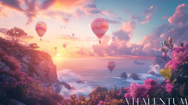Sunlit hot air balloons drift over a dreamy coastal seascape.