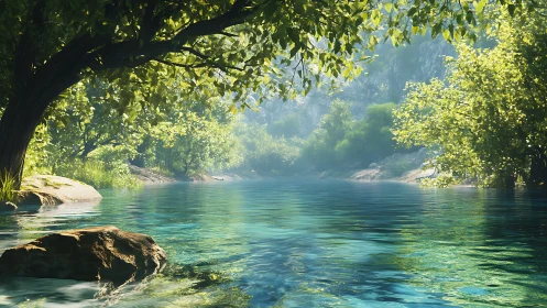 Sunlit river hideaway under a calm green canopy.