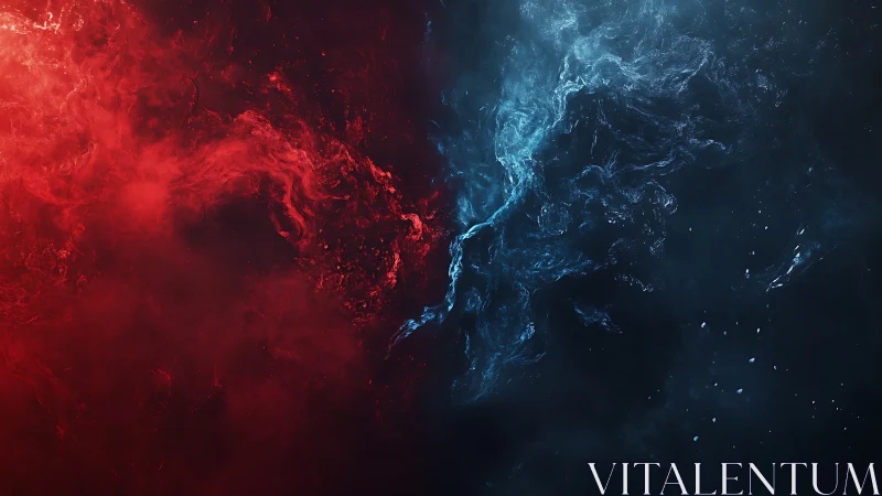 Red and blue abstract fluid forms in dark contrasting field.