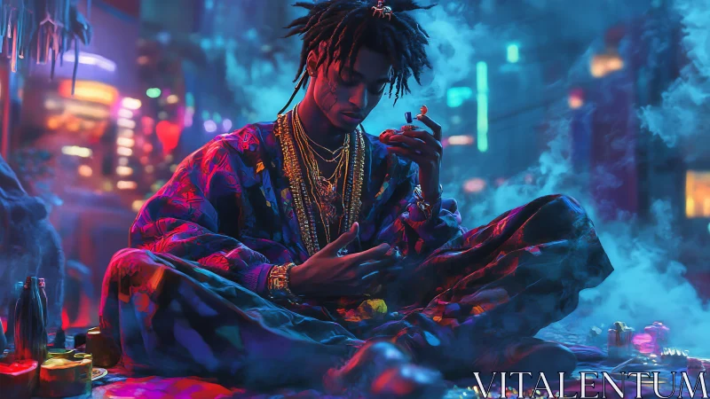 Man seated in neon city alley with smoke and colored lights.