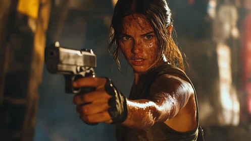 Battle-hardened heroine aiming pistol under dramatic warm light