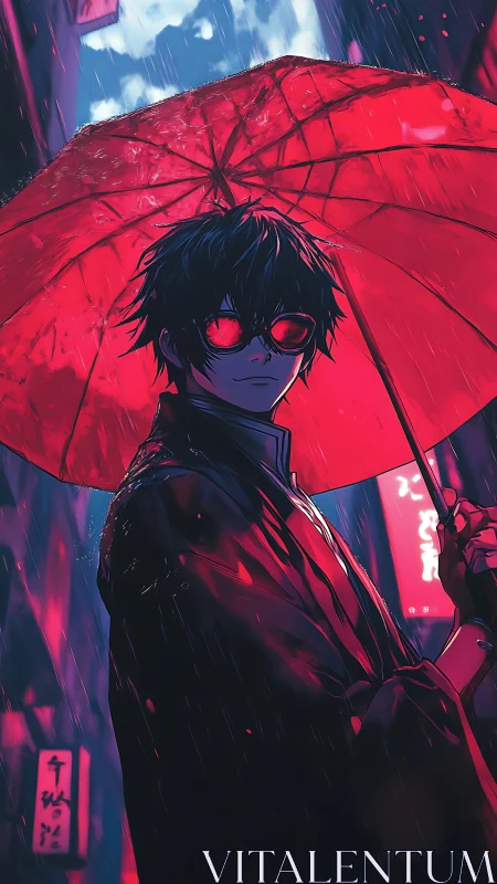 Neon-lit youth under crimson umbrella in cyber rainstorm.
