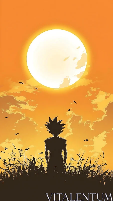 Silhouetted spiky-haired figure under large sunset sun.