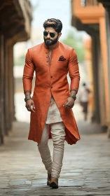 Street style portrait in contemporary ethnic menswear.