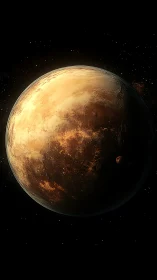 Digital painting of sunlit desert exoplanet in deep space.