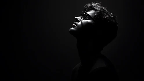 Side-lit male silhouette in dramatic low-key monochrome portrait.