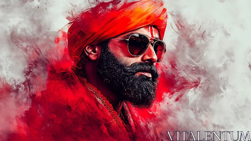 Crimson-turbaned mystic in sunglasses against swirling light.
