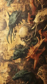 Surreal skeletal menagerie merges marine forms on aged ground