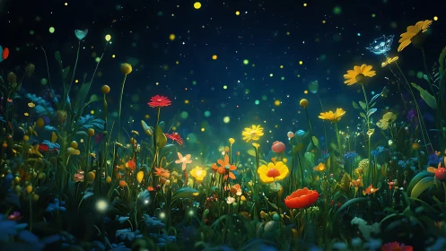 Enchanted wildflower meadow glowing under starry night sky.