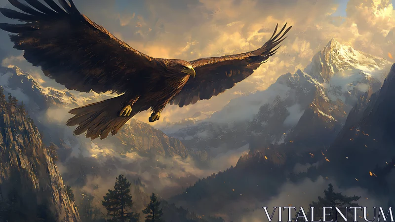 Majestic eagle soaring over dramatic mountain landscape, digital art.