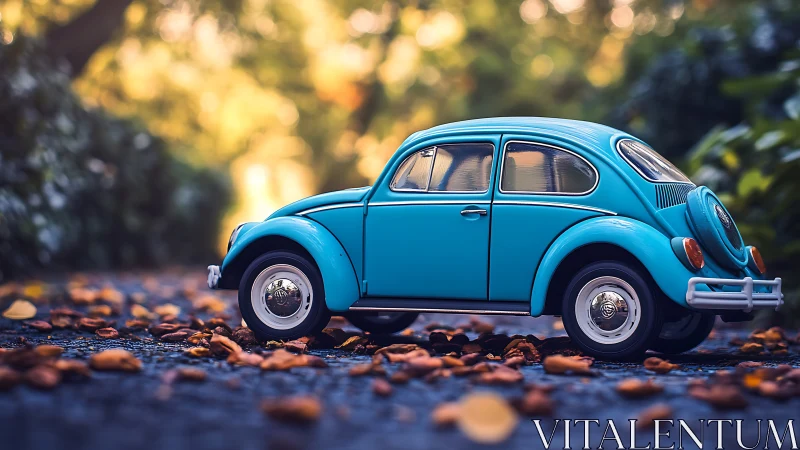 Macro study of blue die-cast Beetle amid autumnal bokeh field.