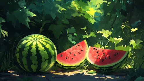 Ripe watermelon and slices on sunlit garden ground.