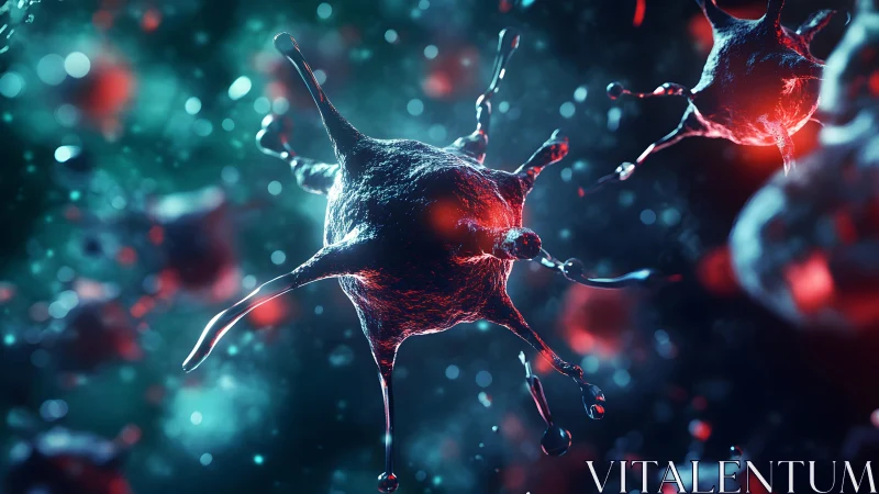 Close-up of virus cells in a digital science illustration, vibrant colors.