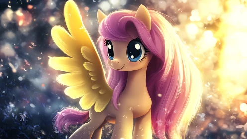Golden winged pony glowing in a dreamy sparkling light.