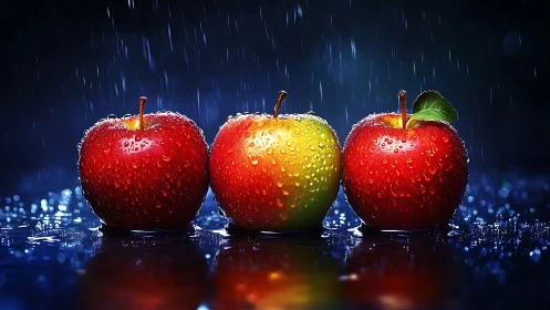 Triple wet apples under directional rain with specular highlights