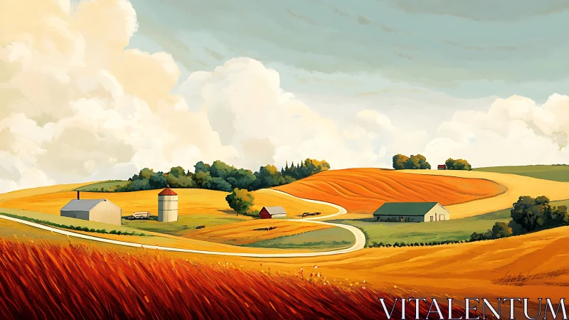 Golden farm hills curling under a bright, cloud-soft sky.