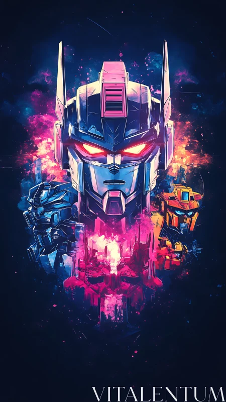 Central robotic head rendered with surrounding mecha portraits