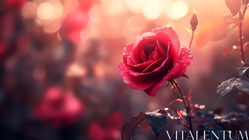 A Vibrant Red Rose Glistens with Morning Dew.