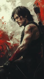 Battle-hardened archer studies horizon amid blood-smeared storm.