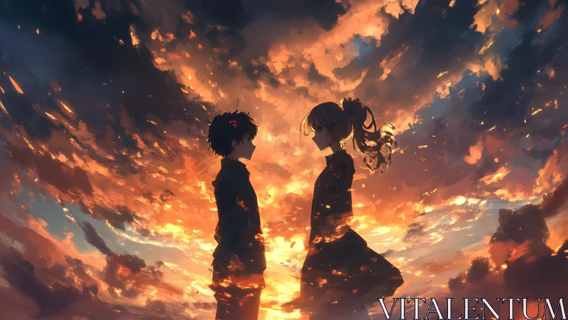 Two duskbound silhouettes trade secrets with a burning sky