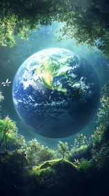 Suspended Earth above luminous forest canopy in light.