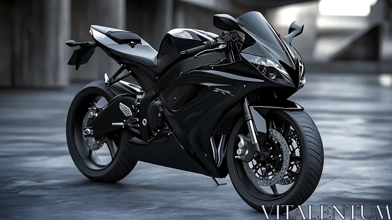 Midnight black superbike in slick urban concrete setting.