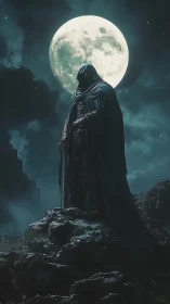 Hooded wraith silhouetted against luminous full moon.
