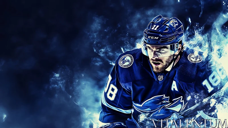 Intense ice hockey player in blue jersey amid icy energy.