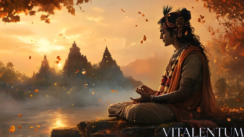 Meditative sage beside river under golden temple dusk glow.