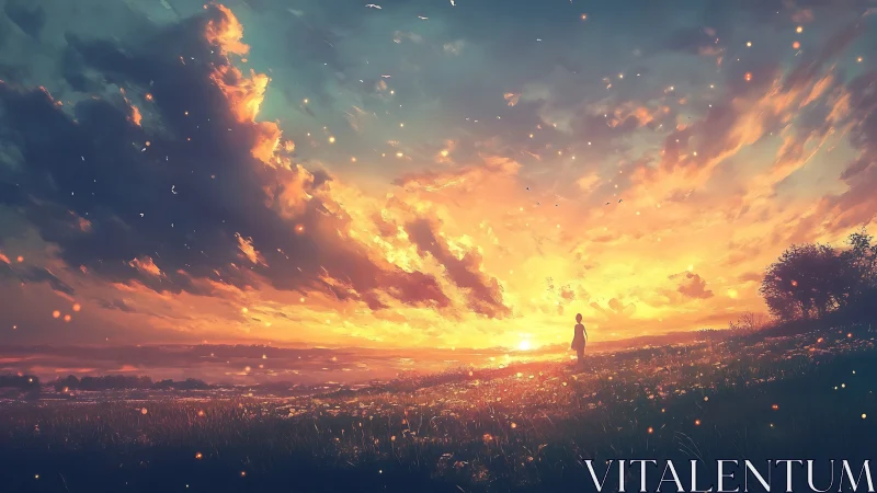 Solitary figure studies luminous sunset over glowing meadow.