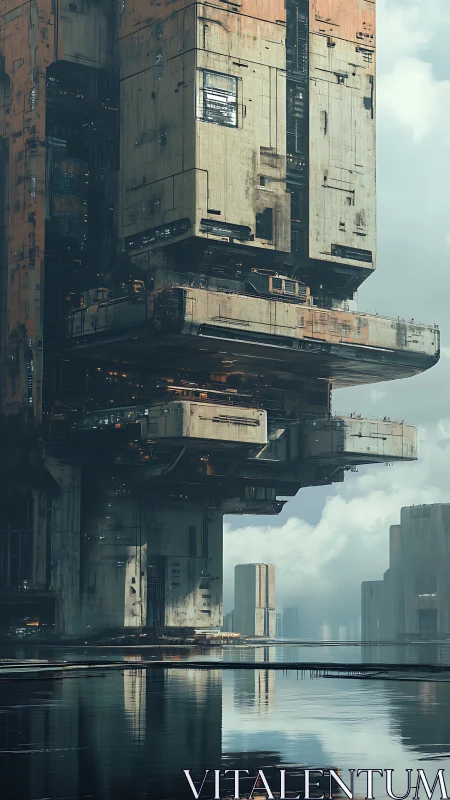 Monolithic sci fi structure looms above reflective water surface.