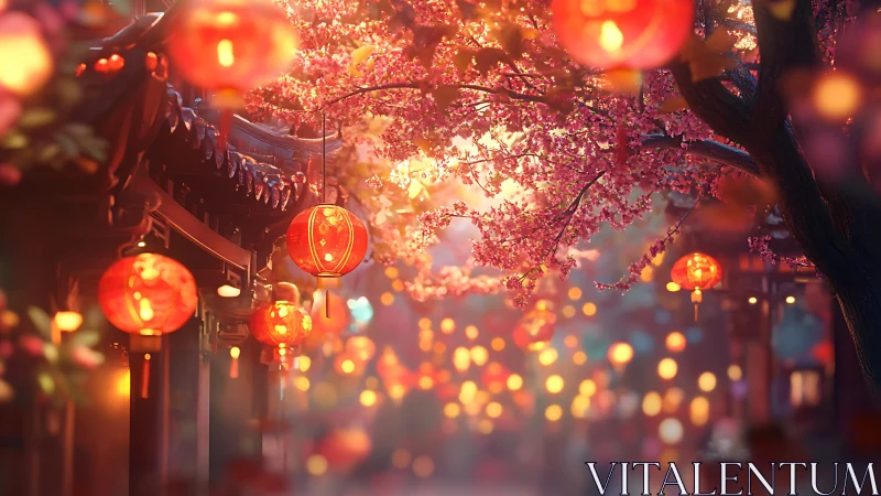 Lantern-lit street with cherry blossoms during evening.