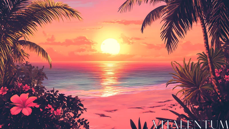 Tropical beach shoreline frames stylized vivid sunset sky