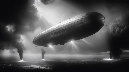 Massive airship over smoky landscape in hard light.