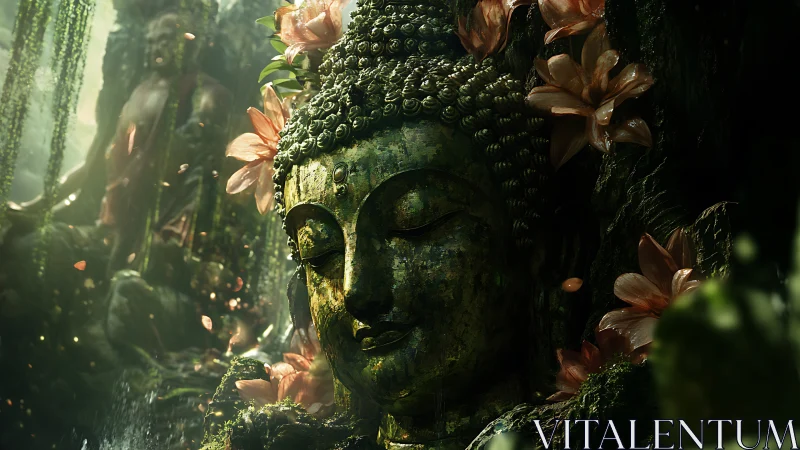 Moss-clad Buddha relief with bioluminescent jungle florals.