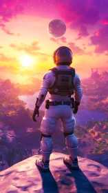 Lone sunset astronaut dreaming toward a distant violet moon.