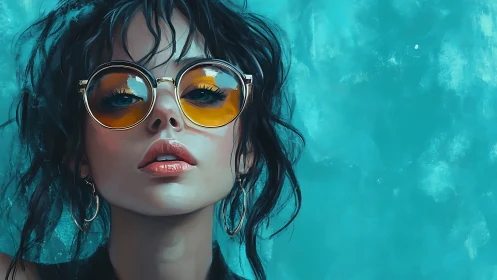 Bold woman in amber sunglasses against vivid teal backdrop.
