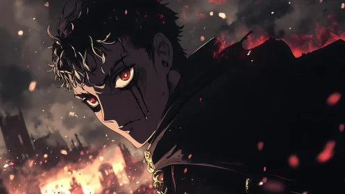Brooding anime antihero glares over burning ruined cityscape.