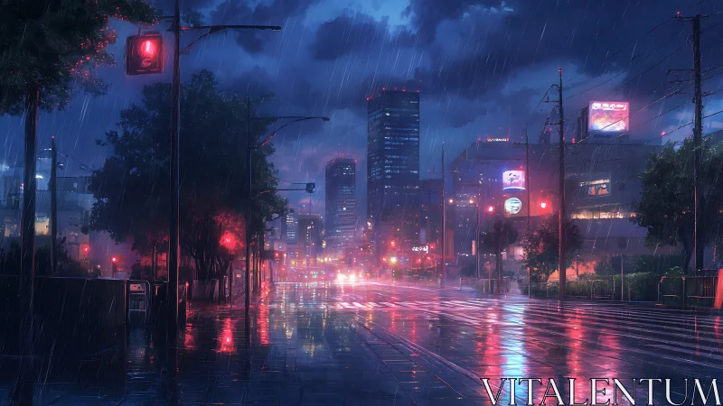 Rainy urban street at night shows wet reflections and signals