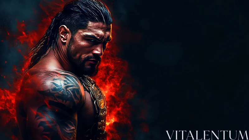 Muscular tattooed man in fiery digital composition stares back