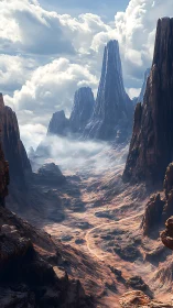 Colossal stone spires whisper over a windswept canyon path