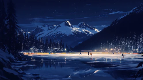 Nighttime outdoor ice hockey game in snowy mountain valley.