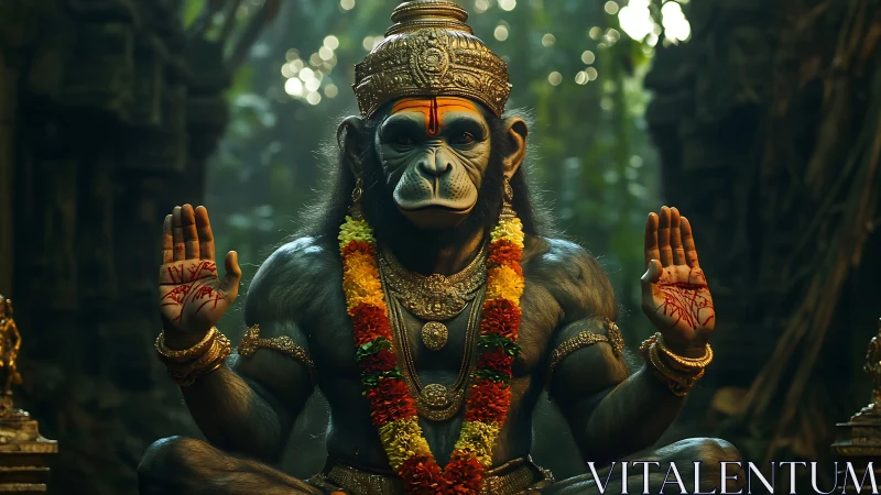 Divine simian deity meditates in lush jungle temple shrine