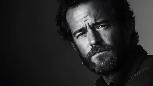 Monochrome close-up of bearded middle-aged man in profile.