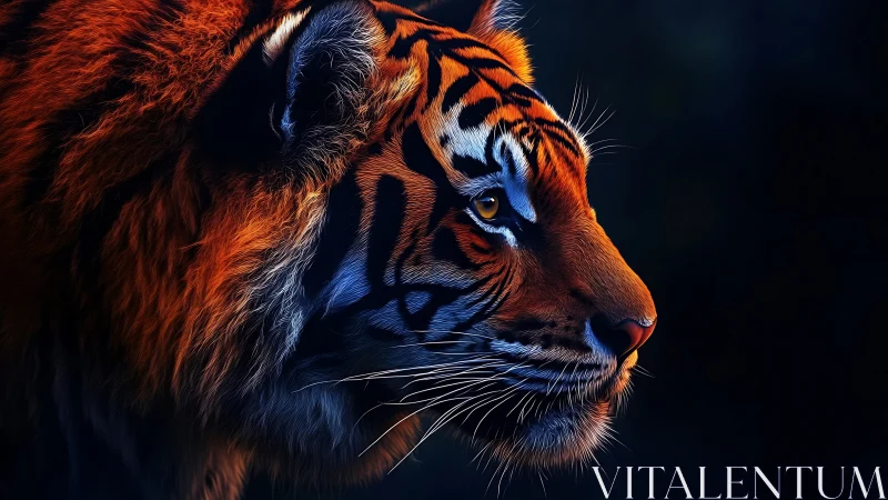 Tiger profile portrait shows high contrast lighting and detail