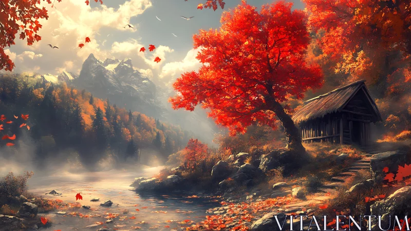 Crimson maple beside misty river and rustic forest cabin.