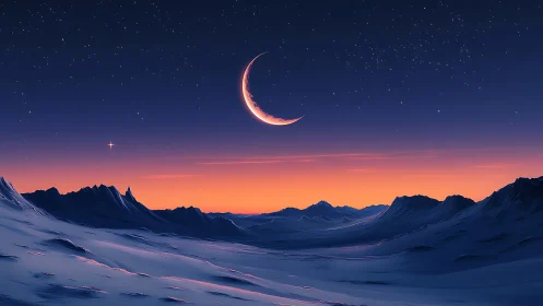 Gentle crescent moon shining over a tranquil snowy valley.